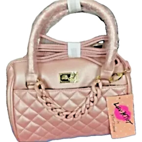 Betsey Johnson Pink Blush Metallic Quilted Chain Detail Gold Logo Barrel Handbag - Picture 2 of 6